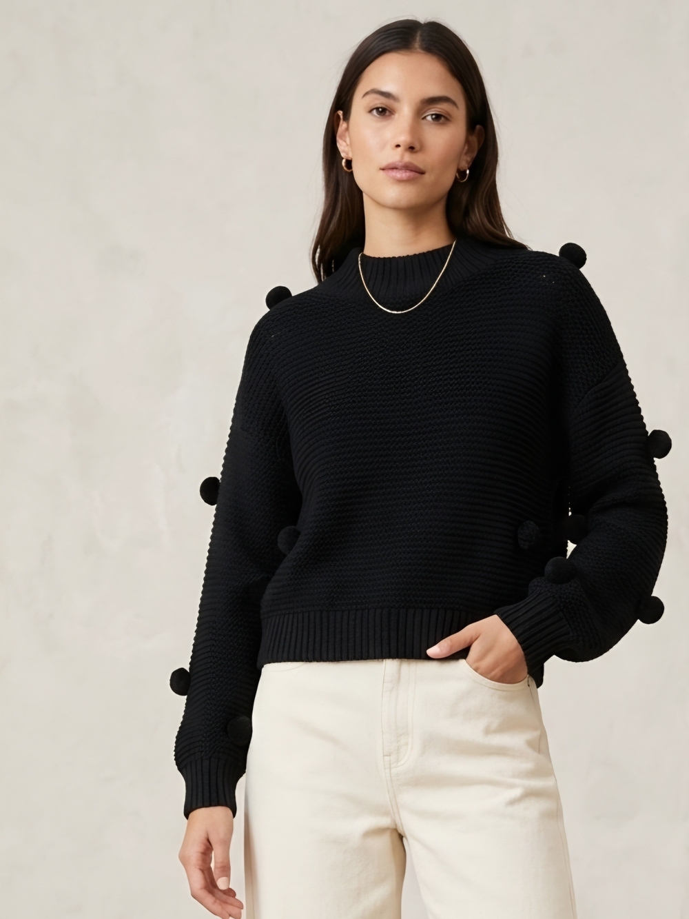 Anthropologie MOTH Black Pom Pom Cable Knit Pullover Sweater Size M